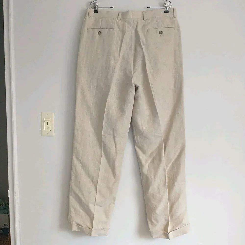 Grant Thomas Pants Trousers Mens 36x32 Beige Linen Slacks Cuffed Pleated